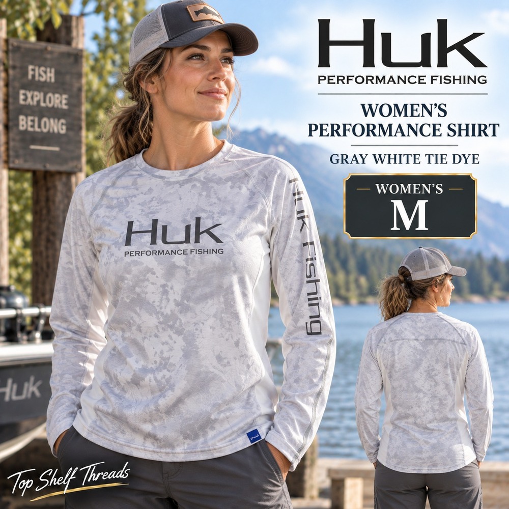 Huk Women M Pursuit Aqua Dye White Long Sleeve Performance Fishing Shirt UPF 50+